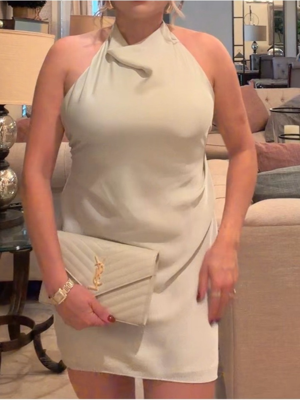 Aritzia Halter Backless Mini Dress in Light Beige